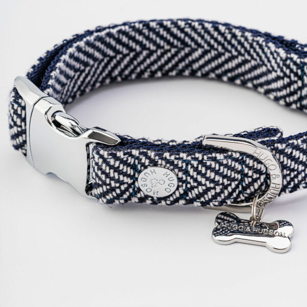 Hugo & Hudson Navy Herringbone Tweed Metal Buckle Dog Collar