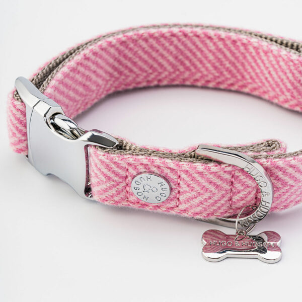 Hugo & Hudson Pink Herringbone Tweed Metal Buckle Dog Collar
