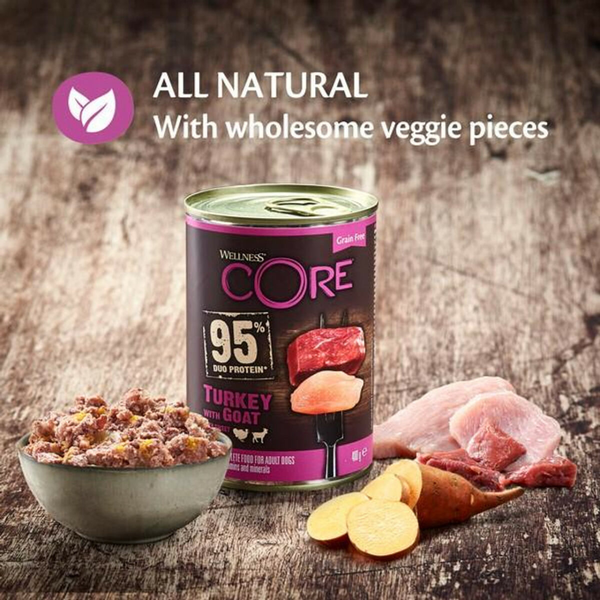 Wellness CORE Dog Wet 95% Duo Protein Turkey & Goat with Sweet Potato Recipe 400g - Image 4