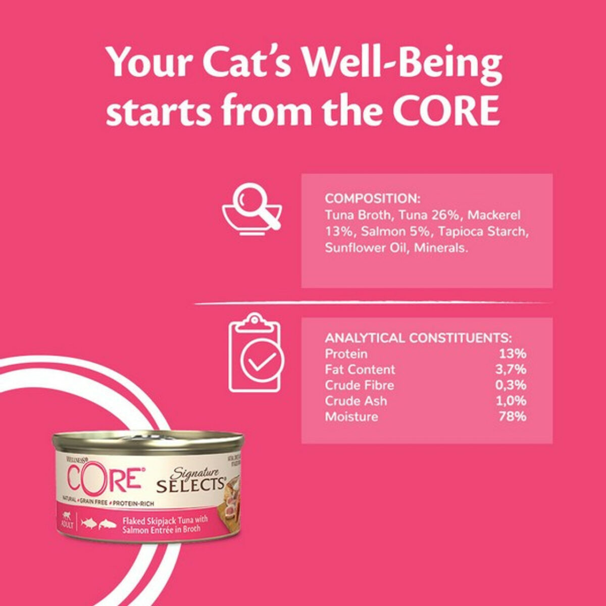 Wellness CORE Cat Wet Adult Signature Selects Flaked Skipjack Tuna with Salmon Entree in Broth Recipe 79g - Image 3