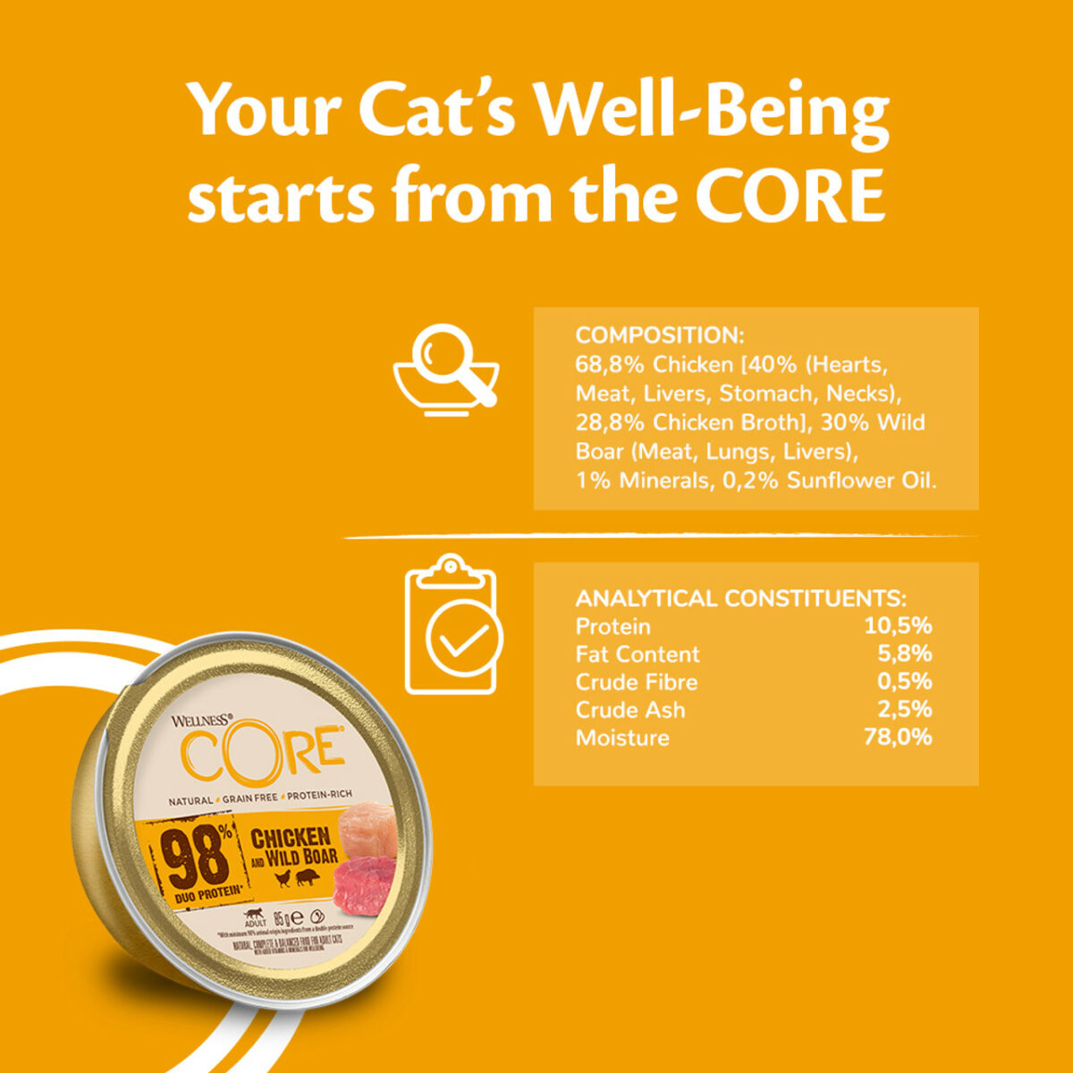 Wellness CORE Cat Wet Adult 98% Duo Protein Chicken & Wild Boar 85g - Image 4