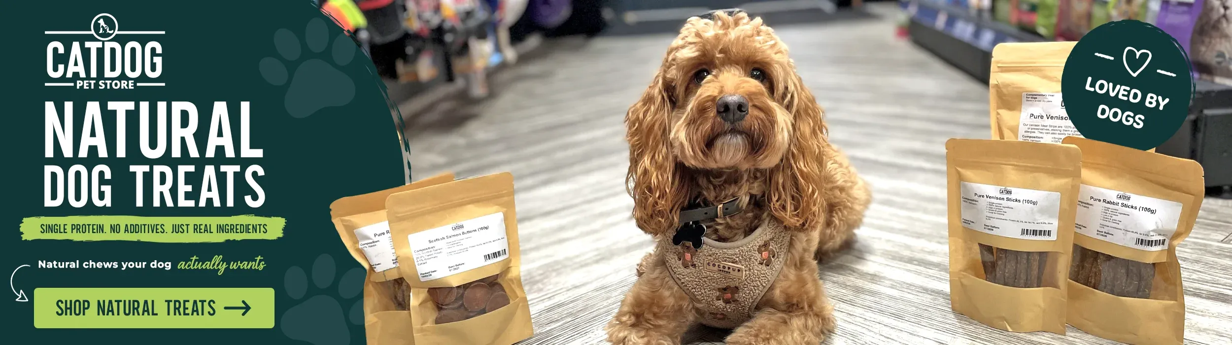 Dog with CATDOG natural dog treats in pet store setting